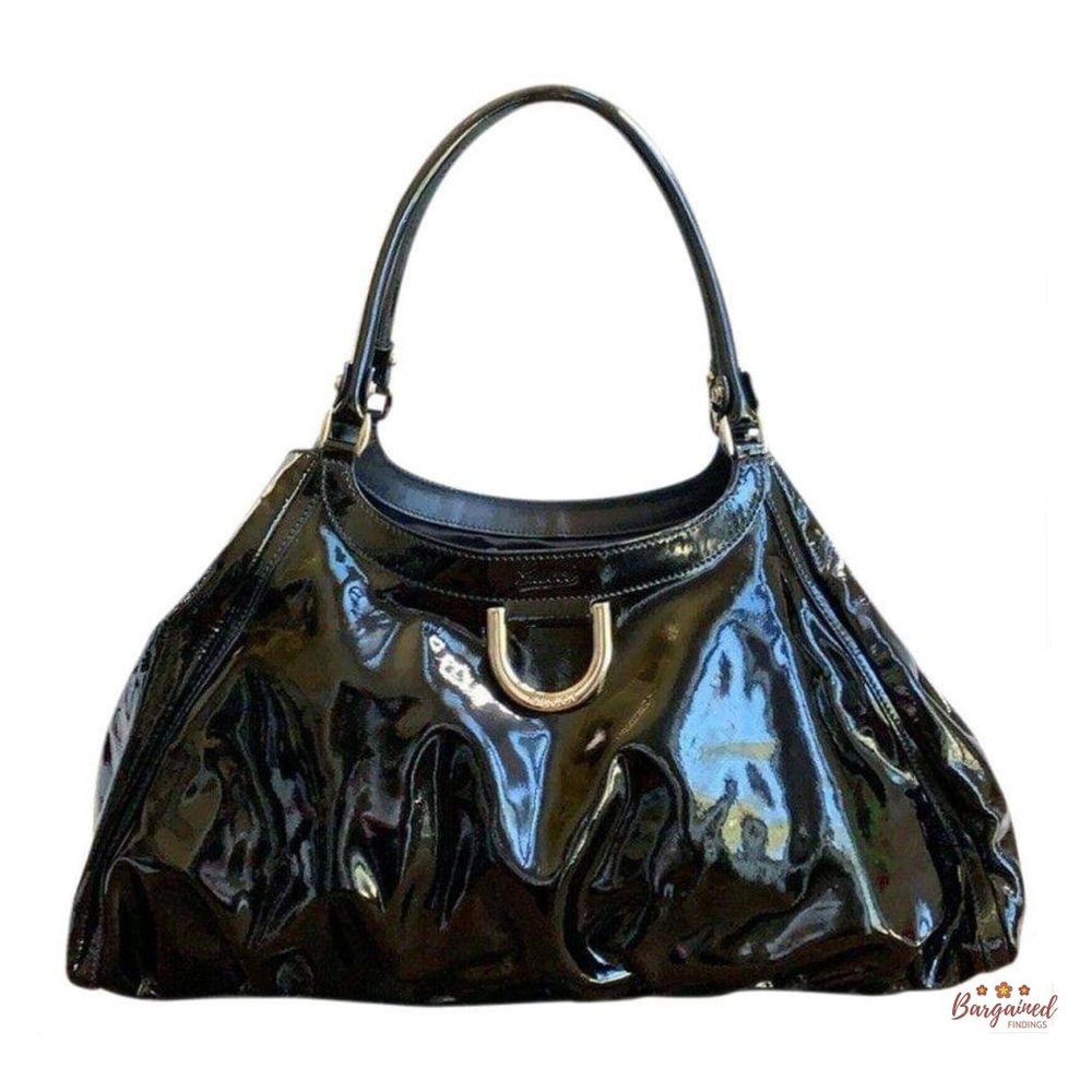 Authentic GUCCI Black Patent Leather D Ring Medium Hobo Bag 189835